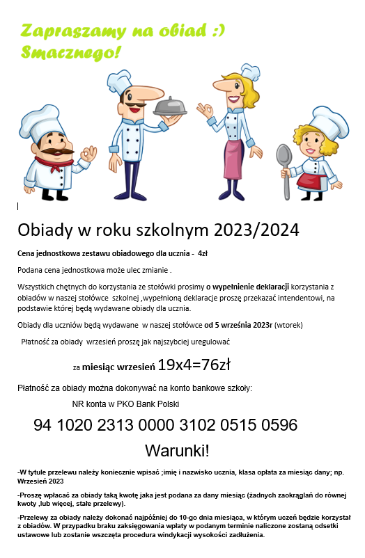 Plakat z informacjami dotyczącymi obiadu