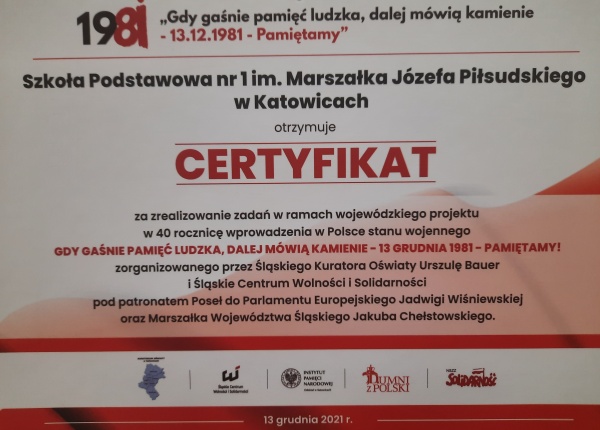 Certyfikat z projektu: Gdy gaśnie pamięć ludzka, dalej mówią kamienie - 13 grudnia 1881 - pamiętamy!