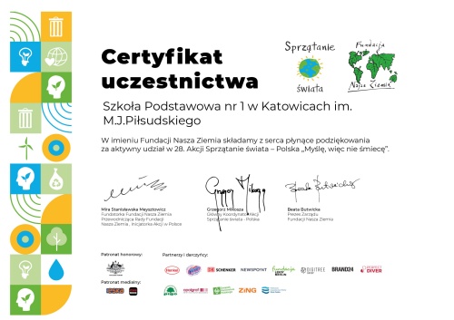 Certyfikat udział w akcji Sprzątanie Świata