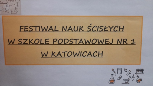 Plakat z napisem Festiwal Nauk Ścisłych w Szkole Podstawowej nr 1 w Katowicach