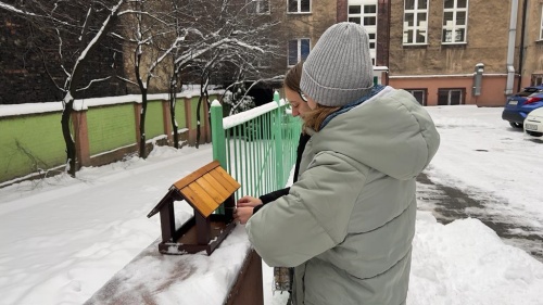 Zdjęcia z akcji - karmniki i pokarm, dzieci uczestniczące w akcji.